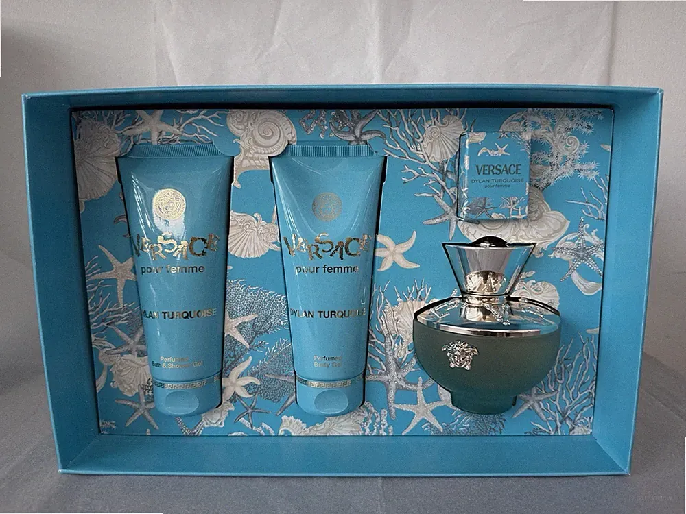 DYLAN TURQUOISE by Versace | Women's 4 Pcs Gift Set: 3.4+0.17 EDT+3.4 S.Gel+Body
