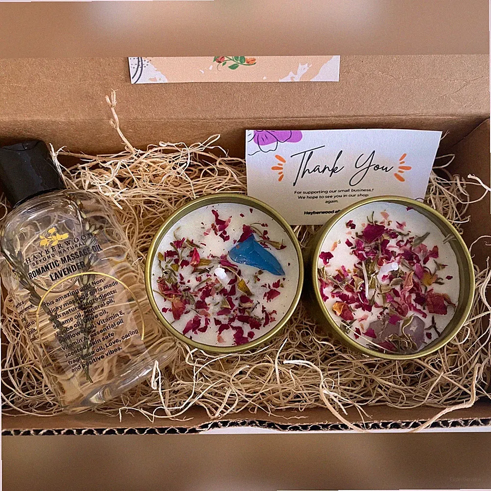Romantic Massage Oil Gift Set,Gift For Couples,Herbal & Crystal Soy Candles,4 oz